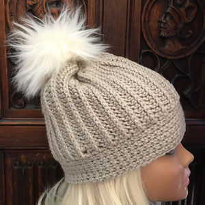 Beige Crochet Slouchy Hat with Faux Fur Pompom